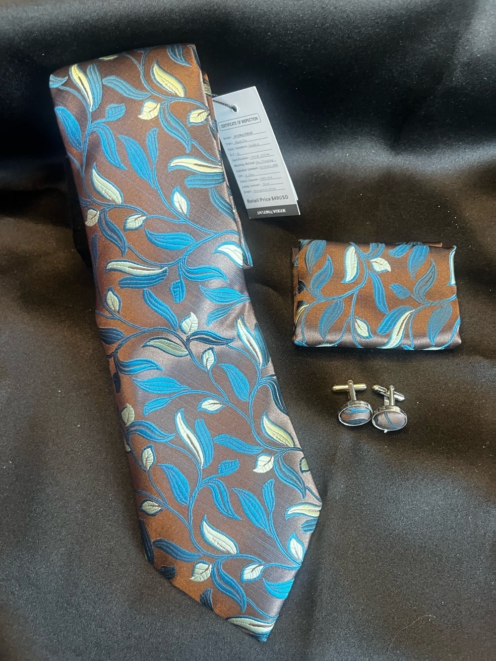 Men's Brown Floral Tie Set with Blue Accents - Unbranded